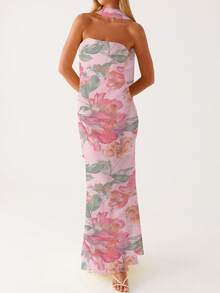 Women Y2k Floral Tube Maxi Dress With Scarf Sleeveless Strapless Backless Mesh Long Bodycon Dresses Formal Cocktail Sundress - 紫羅蘭色 - 查看 2