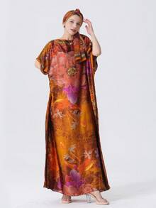 1pc Women Beach Accessories Spring/Summer New Striped Floral Printed Beach Bikini Cover-Up Sunscreen Shawl Satin Robe + Headscarf Set, Suitable For Travel And Daily Use - Multicolor - View 3