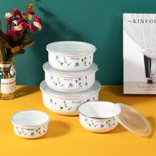 5pcs/Set Enameled Refrigerator Food Storage Bowls With Lids, 10cm/12cm/14cm/16cm/18cm, Floral Patterns, Stackable And Portable Mini Multi-Function Bowls For Mixing, Fruit Storage, Cake Preservation, Reusable Kitchen Accessories - Multicolor - View 10