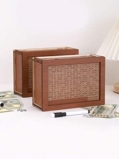 1set DIY Manual Assembly Wooden Savings Box,Erasable Whiteboard Marker,Wooden Money Box, Cash Saver Box, Saving Box For Cash For Adults, Money Box For Cash Gift With Target Numbers,