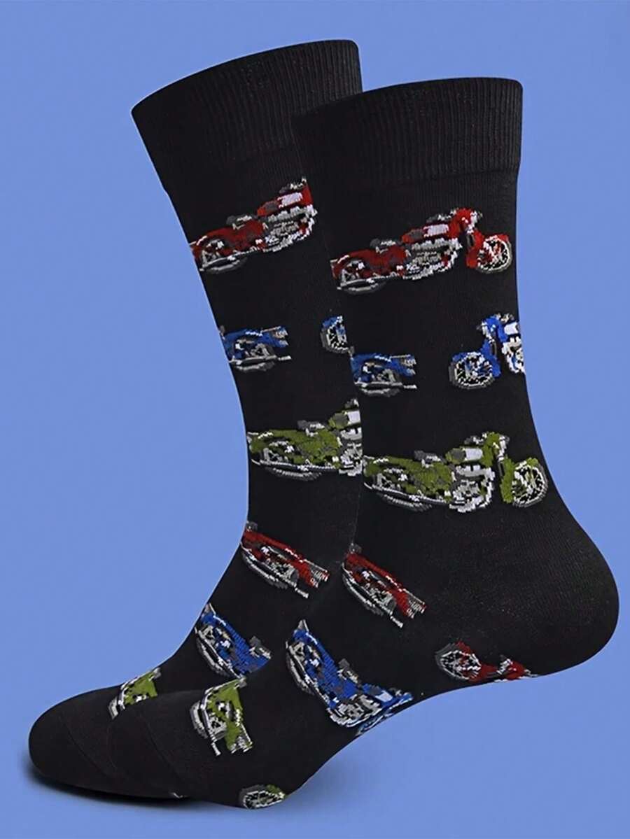 1 Pair Of Unisex Socks With Novel And Motorcycle Patterns For Warmth And Midsole Socks - Multicolor - View 1