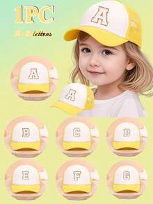 1PC Yellow Mesh Boys And Girls 26 Letter Trucker Hat For Outdoor Fun And Play Sun Protection For Boys And Girls Back To School Daily Wear, Holiday Gift - Yellow - View 1