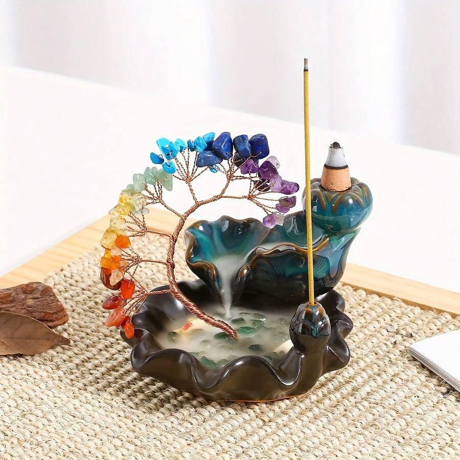 Natural Crystal Seven Chakra Gravels A Ceramic 7 Flowing Backflow Cones Featuring Phoenix Tail Lucky Tree Healing Gemstone Ornament Home Desktop Decoration