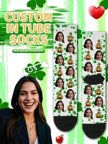 1 Pair 2025 New Custom Lucky Grass Socks, Custom Lucky Grass Socks, Lucky Socks, Custom Fun Round Neck Socks (With Photos) As A Gift For Men, Men's Gift Custom Valentine's Day Birthday Gift, As A Lover Gift, Men's Novelty Socks, Women's Novelty Socks - White - View 2