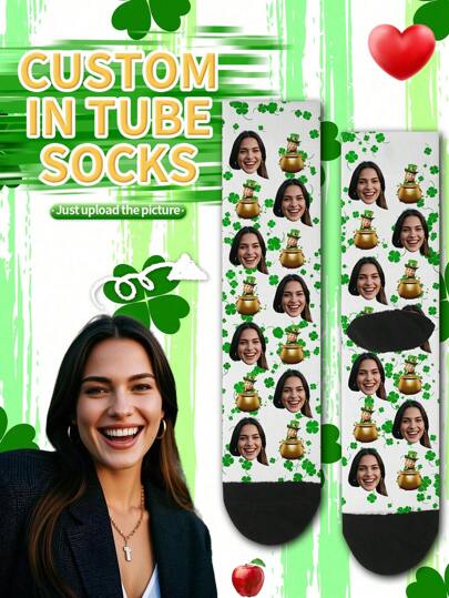 1 Pair 2025 New Custom Lucky Grass Socks, Custom Lucky Grass Socks, Lucky Socks, Custom Fun Round Neck Socks (With Photos) As A Gift For Men, Men's Gift Custom Valentine's Day Birthday Gift, As A Lover Gift, Men's Novelty Socks, Women's Novelty Socks
