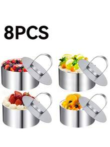 2/8 件圆形蛋糕圈、8.0 厘米不锈钢甜点慕斯模具（带推杆和升降装置）、金枪鱼鞑靼模具（包括 4 个环和 4 个推杆）