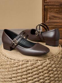 Women's 3cm Cloth Covered Heel Black Fashion Versatile Navy Blue Seasonal Coffee Mary Jane Wine Red Chunky Heel Flats