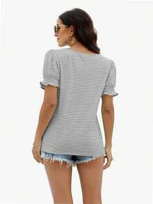 hupos Women's Casual Square Neck Short Sleeved Summer T-Shirt - 條紋灰色 - 查看 2