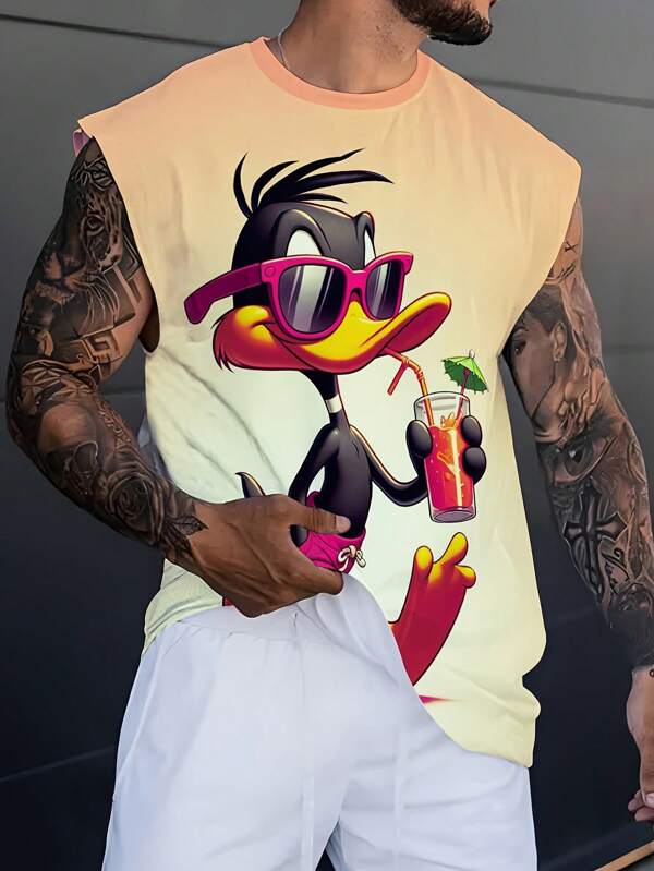 Cartoonprint casual tanktop voor heren, sport-T-shirt geschikt voor buiten, straatkleding