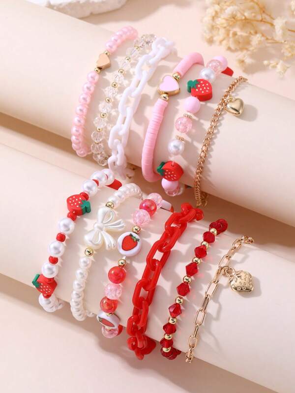 Set de 6 piezas de pulseras para niñas con cuentas de fresa, perla, mariposa y corazón
