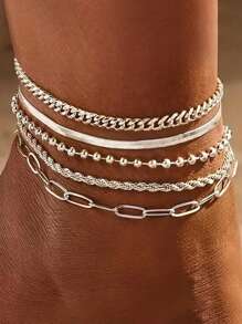 Sanrio 5 Pcs Set Of Simple Silver Multi-Layer Ankle Chains, Elegant Ankle Chains, Women's Charming Beach Party Ankle Chain Set