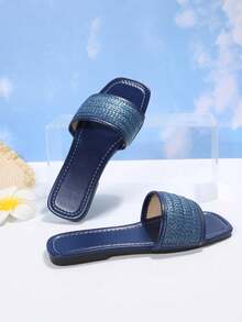 简约法式编织图案女士平底拖鞋，适合约会、购物、居家、休闲日常穿着 - 藍色 - 查看 6
