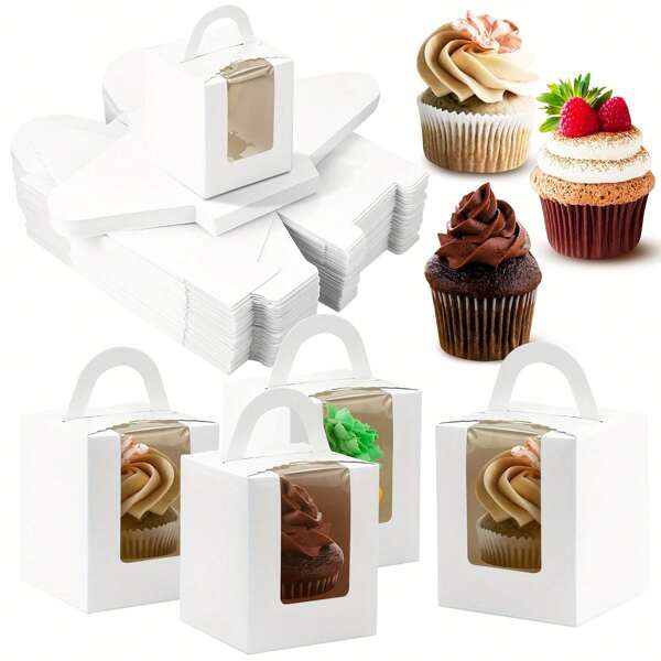 50 einzelne weiße Papier Cupcake Boxen mit transparentem Fenster und Griffen, geeignet für kleine Kuchen und Muffins, Papier Backwaren Behälter von Sicherheitsstandard