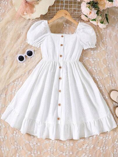 Young Girl Summer Dress - Sweet Knit With Elegant Eyelet Jacquard, Puff Sleeves & Ruffle Hem, Casual Button-Front White Dress For Youngsters