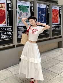 女式修身字母印花休闲短袖T恤 - 白色 - 查看 4