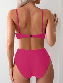 New Sexy Solid Color Steel Cup Cross Strap Minimalist Spaghetti Strap Bikini Set For Women - Rose Red - View 5