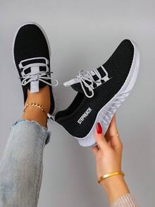 STEPREACH 秋冬女士休闲运动网眼运动鞋，透气舒适轻便系带纯色亮粉色防滑耐磨 - 灰色 - 查看 3