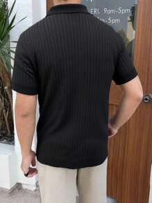 Men Solid Casual Polo Neck Short Sleeves Ribbed Knit Top