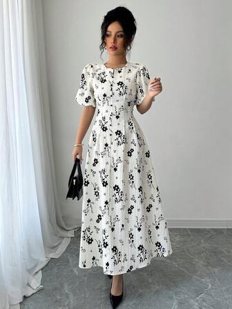 女士圆领灯笼袖花卉印花连衣裙，适合正式活动和日常穿着