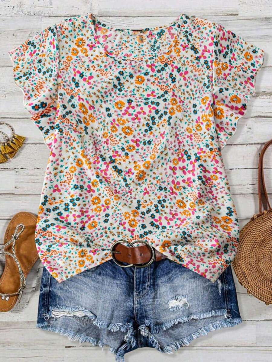 Women Ditsy Floral Round Neck Short Sleeve Blouse, Spring/Summer Vacation - Multicolor - View 1