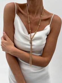 1pc Elegant Chain-Woven Tassel Necklace, Luxury Fashion Wedding Party Women & Couples Versatile Long Necklace Gift