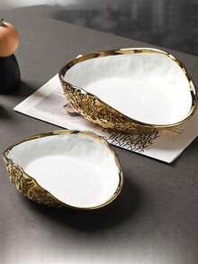 1pc Rock Texture Seashell Ceramic Plate, Premium Porcelain Asymmetrical Shape Creative Platter, Easy To Clean, 3D Texture, High-End Hotel Style Tableware, Kitchen Decor - White - View 1