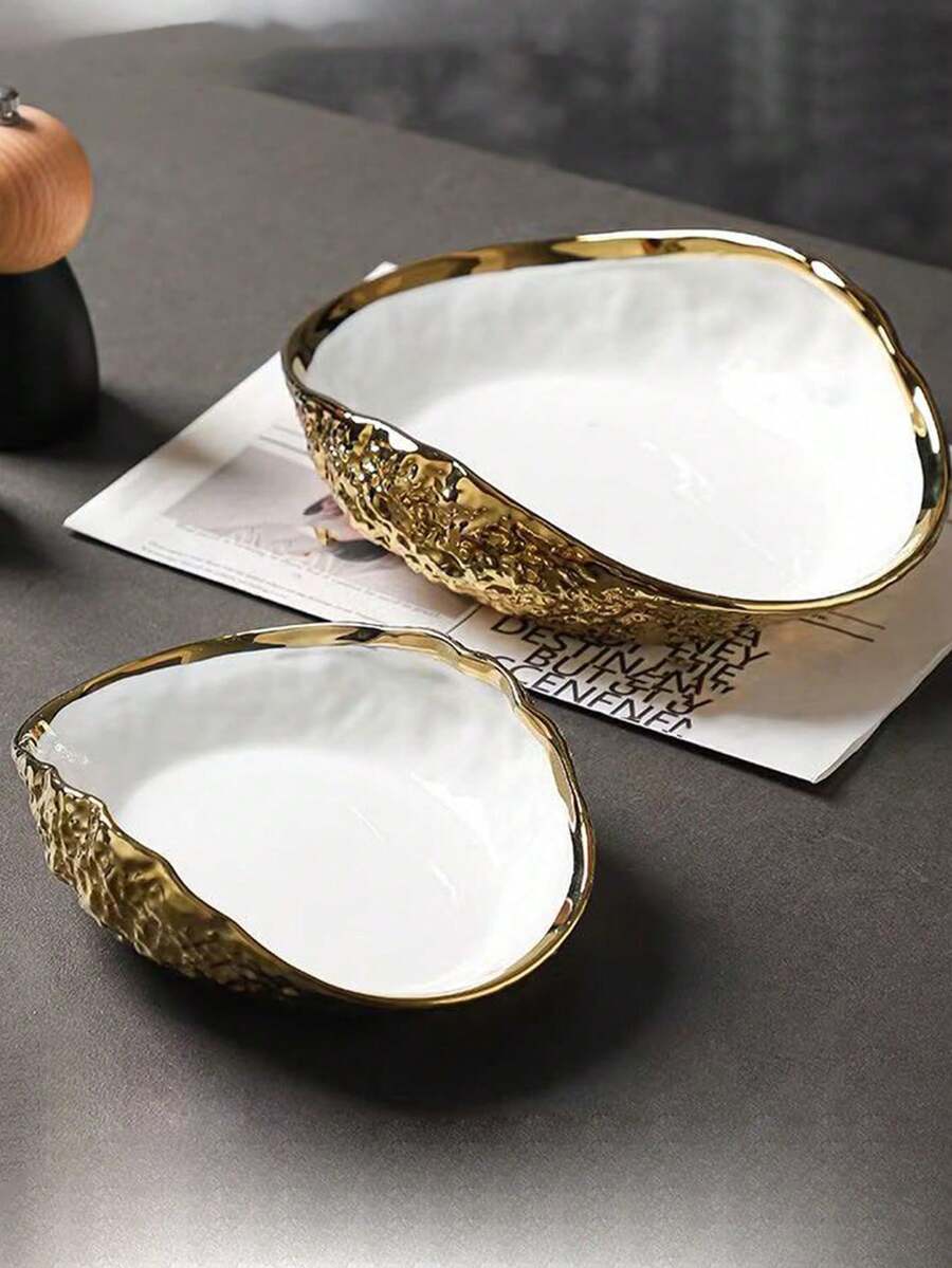1pc Rock Texture Seashell Ceramic Plate, Premium Porcelain Asymmetrical Shape Creative Platter, Easy To Clean, 3D Texture, High-End Hotel Style Tableware, Kitchen Decor - White - View 1