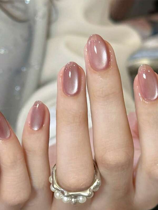 Set de 24 uñas postizas unicolor con efecto de ojo de gato, uñas falsas cortas de forma ovalada, arte de uñas acrílicas, incluye 1 hoja de adhesivos y 1 lima pequeña, perfectas para uso diario