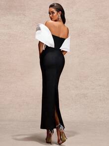 Vestido de fiesta elegante y digno para mujer con hombros descubiertos, bloqueo de color y decoración de rhinestones, para otoño/invierno, boda y primavera - Blanco y Negro - Ver 2
