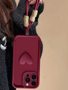 酒红色砂纸纹理手机壳，兼容 17/17 Air/17 Pro/17 Pro Max、16/15/14/13/12/11，3D 硅胶心形编织带防滑防震保护套（兼容 15 Pro/S24/P60），Apple 12、A16、17、17 Pro Max