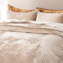King Size Beige Taupe Velvet Quilt Set, Luxurious Soft Striped Channel Bedding, Lightweight Velvet Comforter, Oversized Bedspread Coverlet, With 2 Matching Shams, All Season - Beige Taupe - View 3