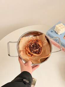 1pc Ins Style Stainless Steel Double Handle Flat Pan, Seafood Pot, Korean Frying Pan, Serving Dish For Rice, Pasta, Fried Chicken - Multicolor - View 7