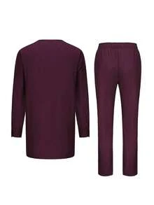 Classic Red 2 PCs/Set Dashiki Outfits For Men, Unique Embroidery Zipper Split Hem Design, Long Sleeve Casual Long Shirt And Drawstring Trousers For Event, Dates, Street, Party, Weddings, Cultural Occasions, Traditional Ceremonies, Durable And Easy Care - 紅色 - 查看 2