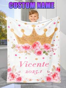 1pc Personalized Name Printed Throw Blanket,Pink Rose Crown With Comfortable Soft Blanket For Girl Boy Great Holiday Gift For Daughter,Son,Classmates, Friends, Family And Lovers, Used For Nap, Camping, Travel,Mother's Day Gifts, Father's Day Gifts,Children's Day - Multicolor - View 13
