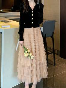 高腰A字网纱层叠蛋糕裙，设计感优雅中长薄纱裙，甜美淑女风春季款 - 香檳色 - 查看 2