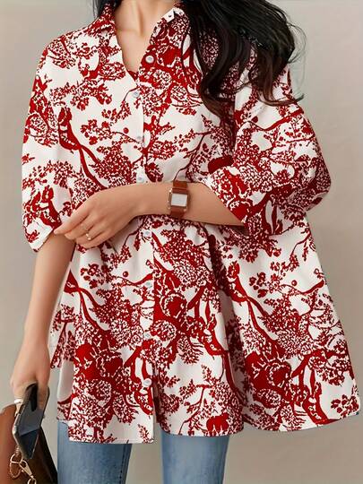 Plus Autumn And Winter Women's Retro Random Printed Casual Loose Shirt, Elegant And Luxurious Top, Suitable For Vacation, Beach, Halloween, Christmas, New Year, Thanksgiving, Party, Outing