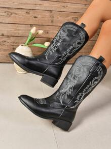 Women's Embroidered Chunky Heel Cowboy Boots, Fashion Party Western Boots