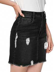 Women's Mini Denim Skirt Casual Antique Wash Grinding Edges With Pocket Elastic Pencil Skirt - 黑色 - 查看 6