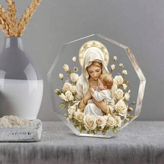 1 件圣母玛利亚和耶稣亚克力装饰 - 带有金色光环和白玫瑰的宗教装饰，适合家庭和办公桌，非常适合圣诞节、感恩节和全年展示