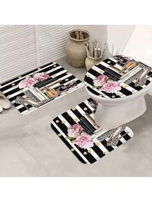 1/4 Pcs Book High Heel Floral Shower Curtain Set, Fashionable Pattern Decorative Shower Curtain, Washable Polyester Shower Curtain Set With 12 Hooks, Non-Slip Bathroom Rug, U-Shaped Toilet Lid, Polyester Shower Curtain Bathroom Decor