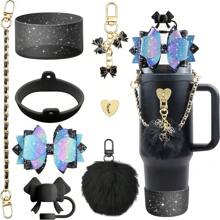 Set de 8 piezas de accesorios brillantes para vasos de 30oz y 40oz, que incluye tapa con cubierta de silicona para pajilla, correa de manija para botella de agua, cadena de encanto, gancho con forma de corazón, funda para vaso, lazo decorativo para pajilla - Regalo ideal para el Día de San Valentín, Día de la Madre, útiles escolares