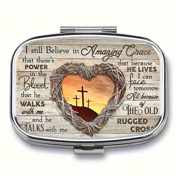 1pc God Sunset Landscape Oil Painting Theme 2-Grid Medicine Box - Portable Decorative Metal Medicine Storage Box, Suitable For Travel, Wallet Or Pocket - Unique Gift Creativity