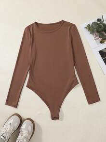 3pcs Round Neck Solid Color Long Sleeve Women Bodysuits, Suitable For Everyday Wear, Spring/Summer - Khaki+Coffee+Black - View 6