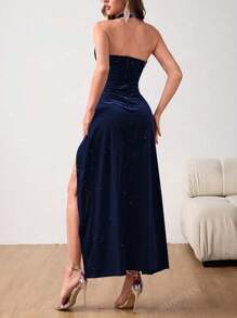 WOWDARK Women's Autumn Halter Velvet Sparkling Split Hem Formal Dress, Party Dress, For Cocktail