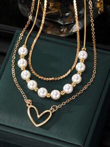 1pc 3 Layers Stacking Personalized Light Luxury Elegant Pearl Hollow Heart Necklace, Vacation Party Dating Gift Daily Wear