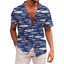Men's Casual Button-Down Shirts Hawaiian Shirt Short Sleeve Beach Clothes With Pockets - 藍色 - 查看 1