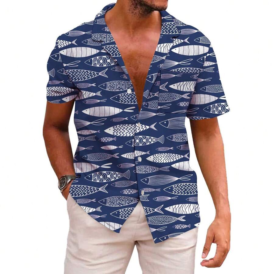 Men's Casual Button-Down Shirts Hawaiian Shirt Short Sleeve Beach Clothes With Pockets - 藍色 - 查看 1