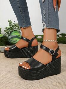Sandalias de cuña con suela gruesa y estilo de moda para mujer de talla grande, con correa ajustable, Top cómoda, punta abierta, adecuadas para uso diario, vacaciones, fiestas, combinan bien con faldas y pantalones - Negro - Ver 5