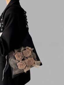 New Retro Grass Tie-Dye Rose Flower Bag Pleated Armpit Bag Commuter Tote Bag Shoulder Handbag Valentines - 黑色 - 查看 1