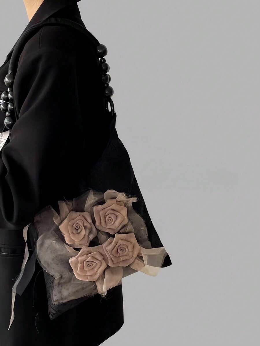 New Retro Grass Tie-Dye Rose Flower Bag Pleated Armpit Bag Commuter Tote Bag Shoulder Handbag Valentines - 黑色 - 查看 1